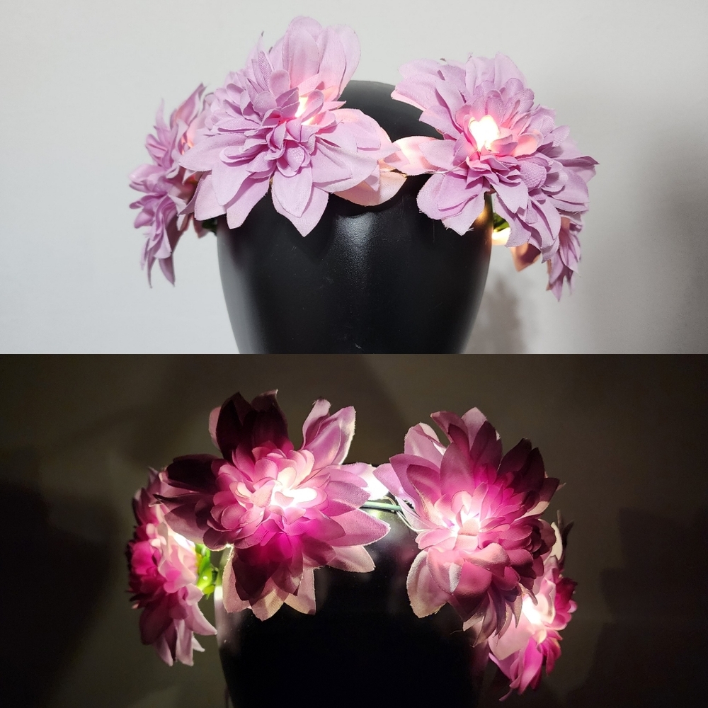 Purple Flower Crown Hair Wreath Headband Accesory LED Light-Up Dahlia